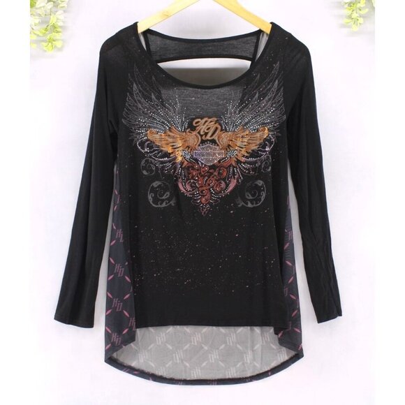Harley-Davidson Women's Vinyl Wings Embellished Sheer Back Long Sleeve Top Sz S - Picture 2 of 10